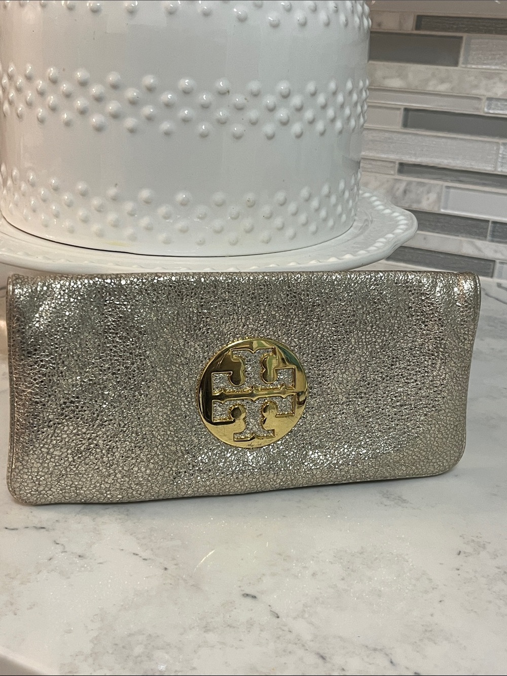 Tory Burch Metallic Gold Logo Wristlet Clutch